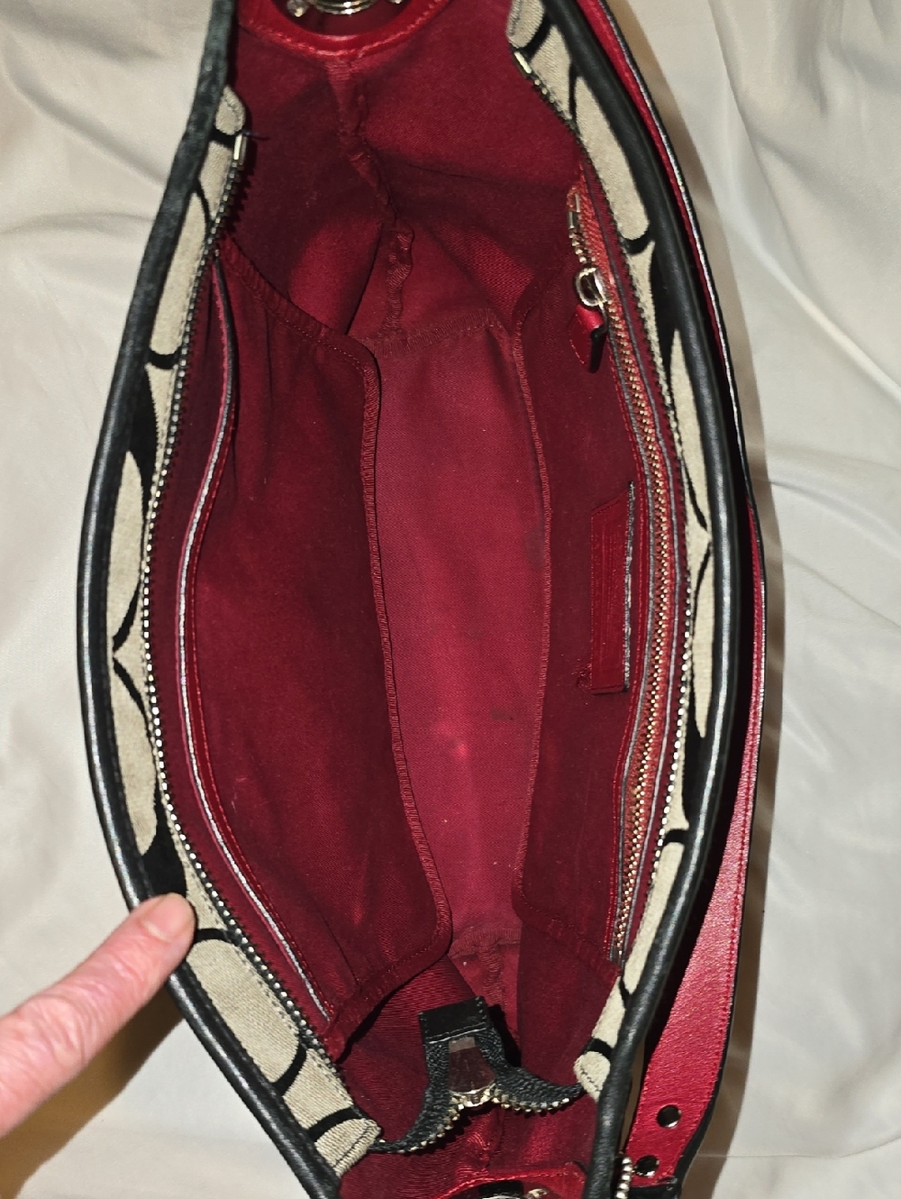 Coach Canvas Shoulder Bag in Red, Tan, Cream & Black. 14'W × 11' Tall. - Picture 9 of 16